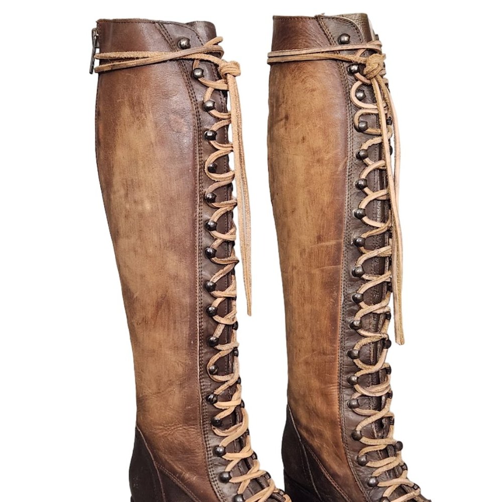 RARE FREEBIRD BY STEVEN ARLO BROWN TAN MULTI LACE UP TALL COMBAT BOOTS - Picture 4 of 9